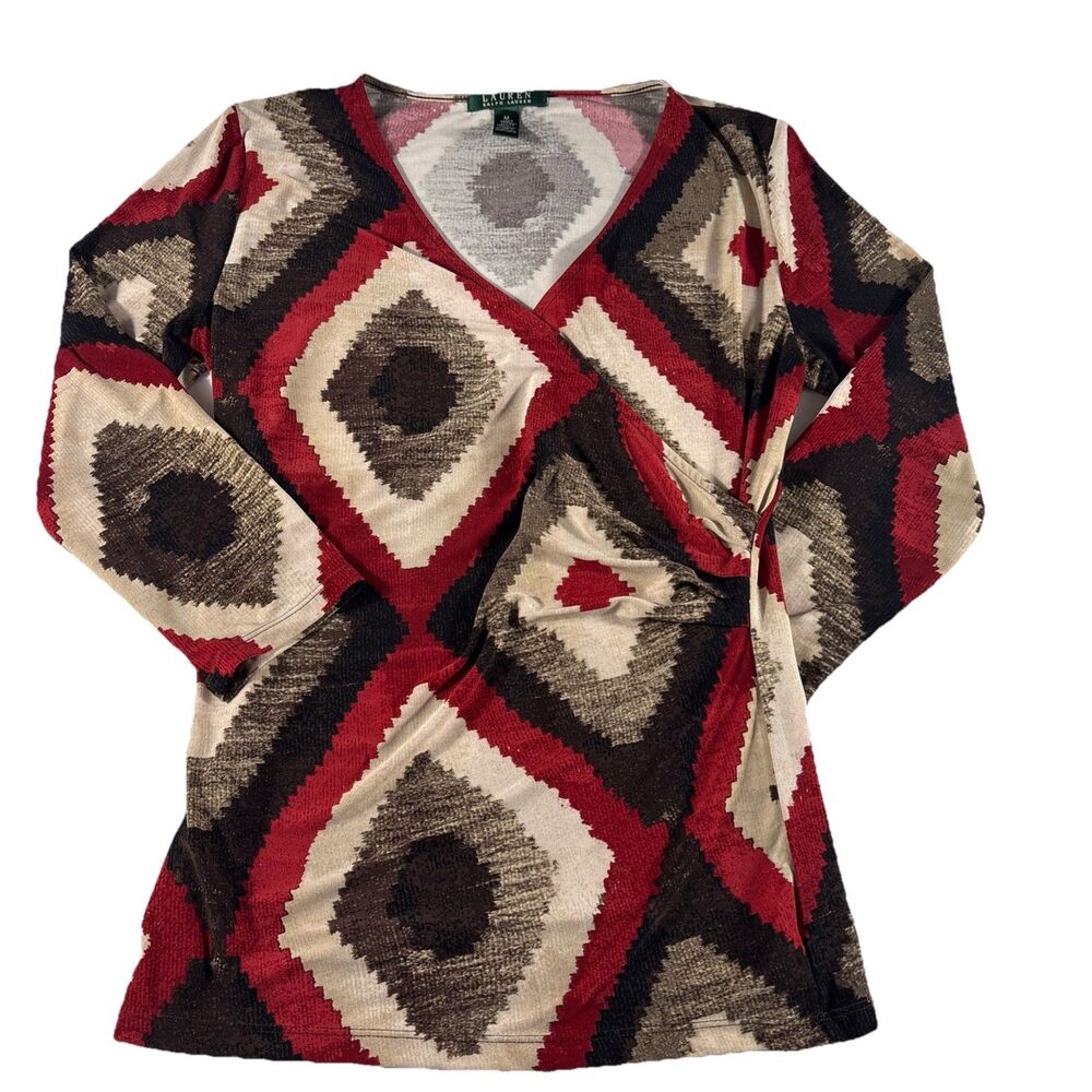 Lauren Ralph Lauren Aztec Print Pleated Wrap Top Shirt Y2K Retro Earthy Indie